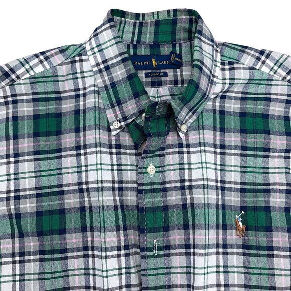 Ralph Lauren Shirt Men Large Green Pink Plaid Classic Fit OCBD Classic Preppy - Picture 1 of 12
